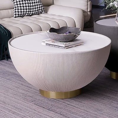 Modern Beige & Gray Drum Sintered Stone Round PU-Leather Coffee Table Set