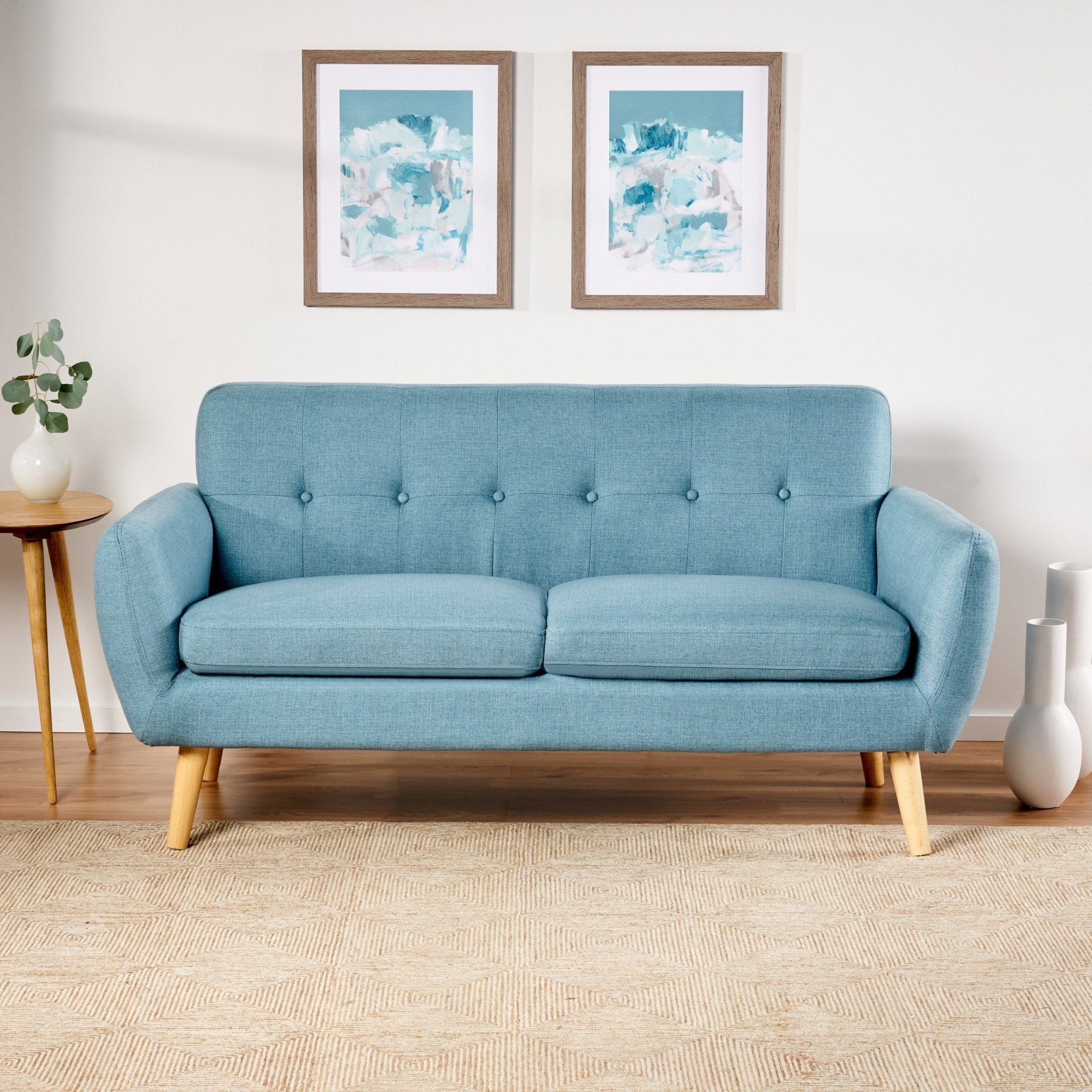 2-Seater Loveseat with Button Tufted Back and Solid Wood Legs