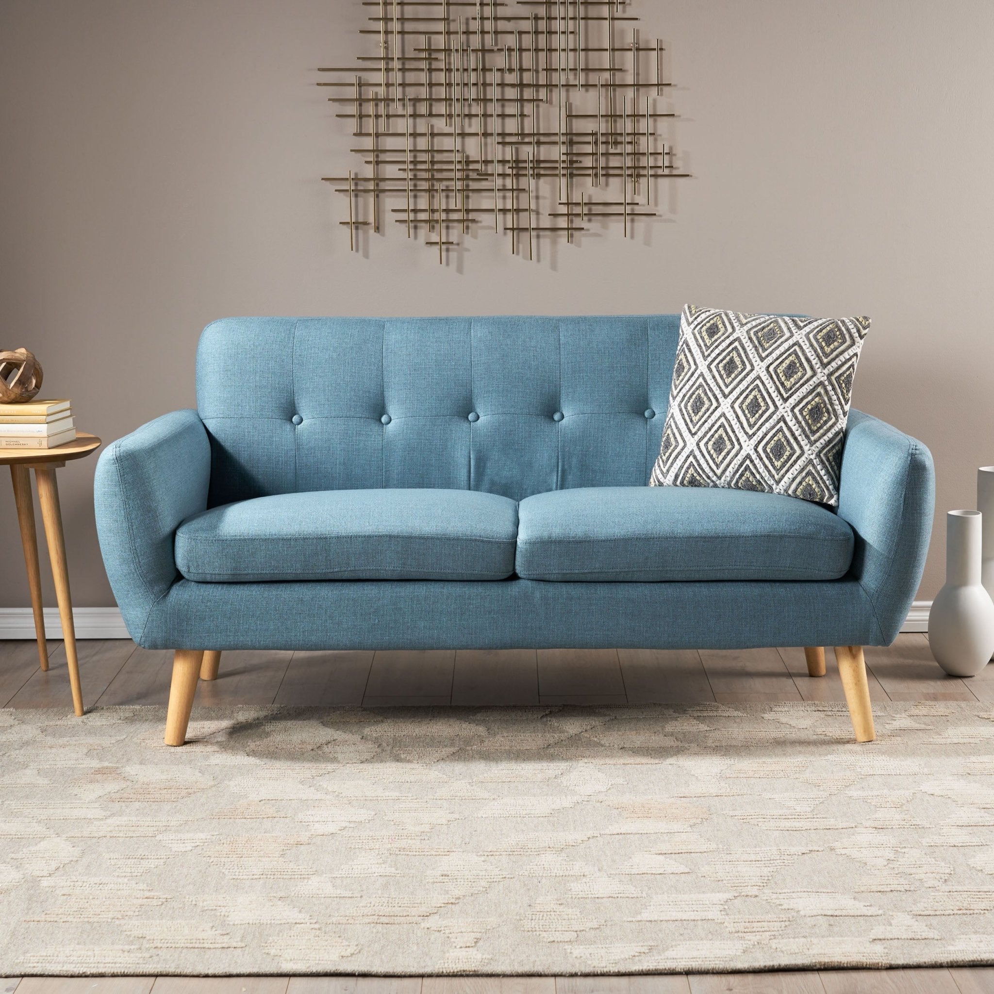 2-Seater Loveseat with Button Tufted Back and Solid Wood Legs