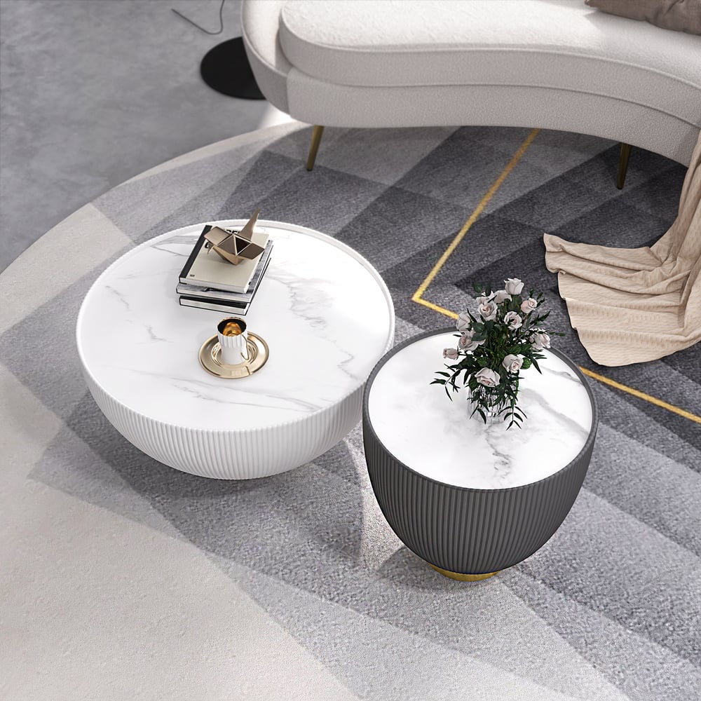 Modern Beige & Gray Drum Sintered Stone Round PU-Leather Coffee Table Set