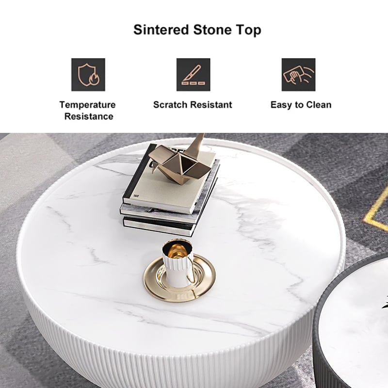 Modern Beige & Gray Drum Sintered Stone Round PU-Leather Coffee Table Set