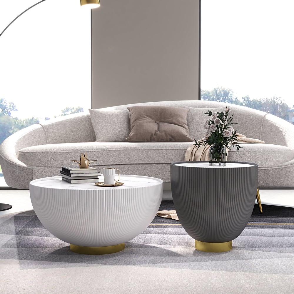 Modern Beige & Gray Drum Sintered Stone Round PU-Leather Coffee Table Set