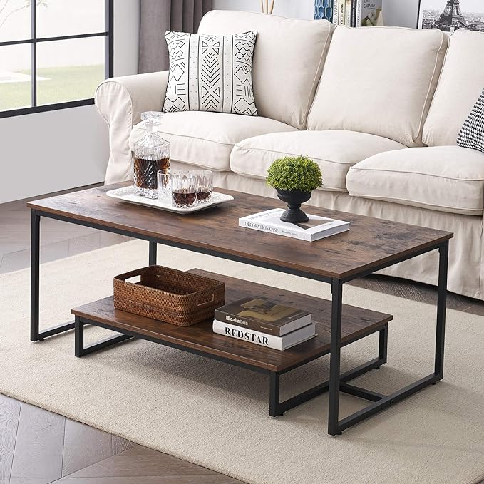 Rustic Brown Coffee Table with Storage & Metal Frame