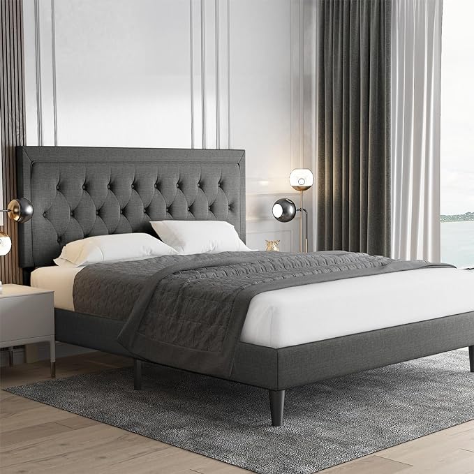 Queen Upholstered Platform Bed Frame with Adjustable Headboard