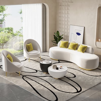 White Velvet Curved Sofas Set: 3-Seater & Armchairs