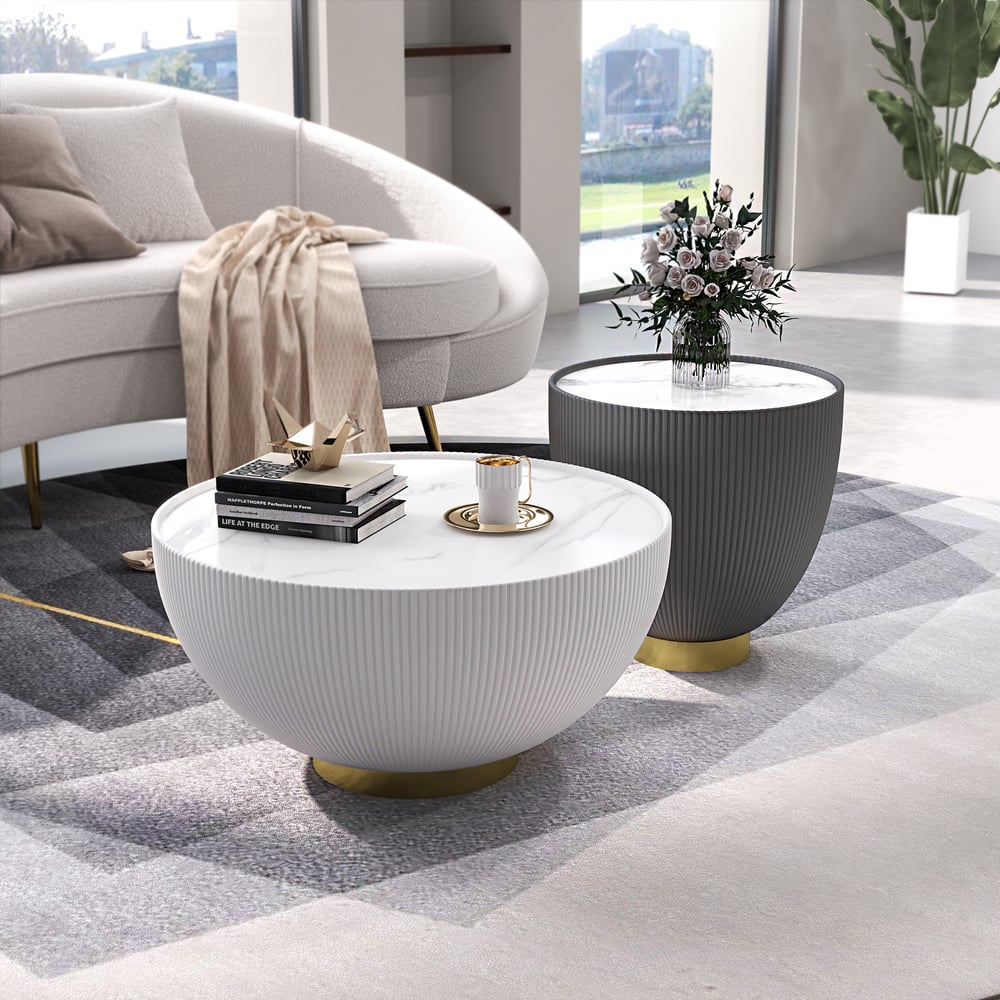 Modern Beige & Gray Drum Sintered Stone Round PU-Leather Coffee Table Set