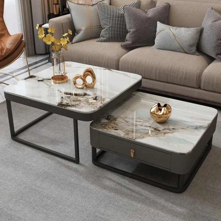 Living Room Furniture Black Carbon Steel Sintered Stone Marble Coffee Table