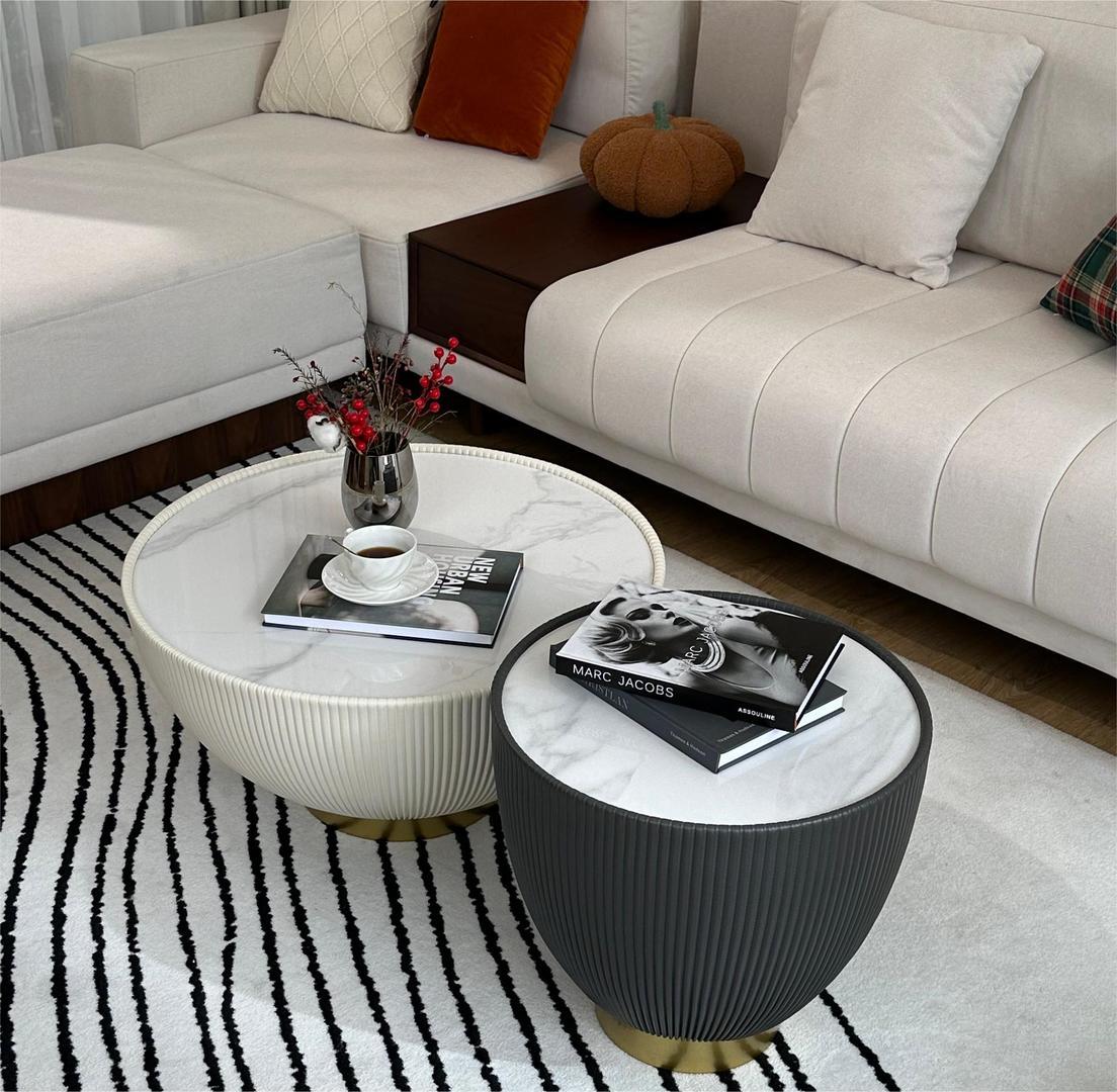 Modern Beige & Gray Drum Sintered Stone Round PU-Leather Coffee Table Set